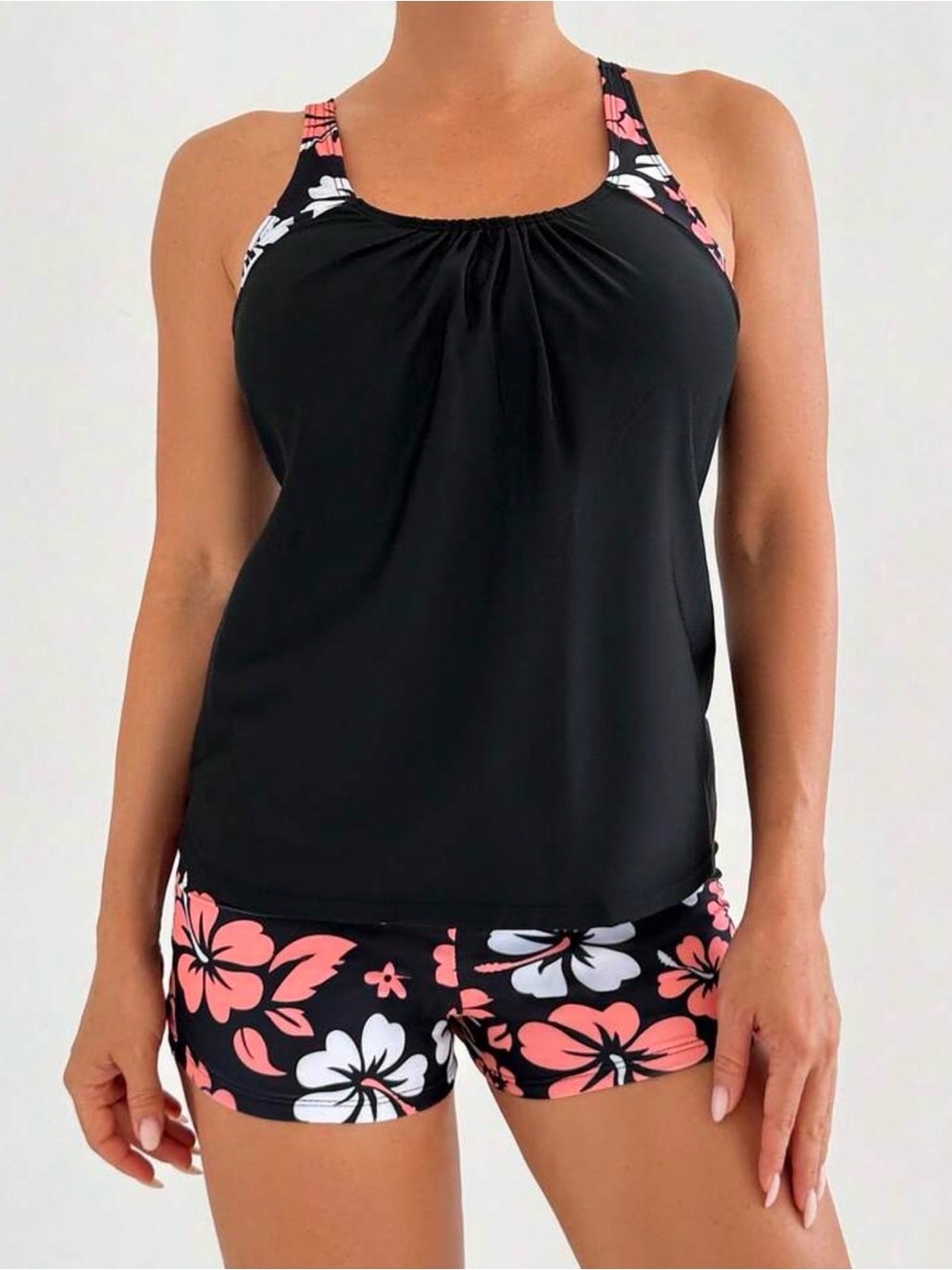 Black Floral Tankini Set with Coral & White Hibiscus Size XL